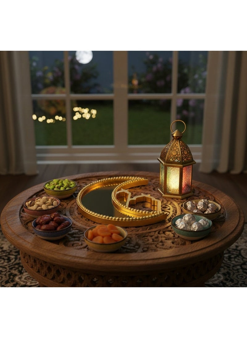 صينية تقديم هلال رمضان - صينية طعام مزخرفة على شكل هلال من المعدن الذهبي العاكس، مناسبة لعيد مبارك، وديكور رمضان، وأطباق المقبلات والوجبات الخفيفة والحلويات لحفلات المنزل (النوع 2) - Image 3